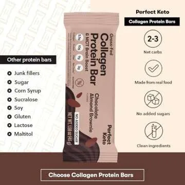 Perfect Keto Collagen Protein Bar, Gluten Free with Grass Fed Collagen + MCT Oil, Low Carb, No Sugar Added, High Protein Snacks, Keto Diet Foods, 10g Protein, 19g Fat, 2g Net Carbs, Almond Butter Brownie, 12 Bars
