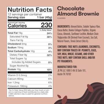 Perfect Keto Collagen Protein Bar, Gluten Free with Grass Fed Collagen + MCT Oil, Low Carb, No Sugar Added, High Protein Snacks, Keto Diet Foods, 10g Protein, 19g Fat, 2g Net Carbs, Almond Butter Brownie, 12 Bars