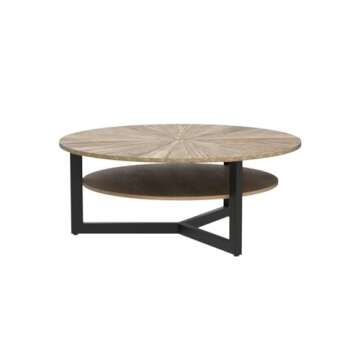 LEEMTORIG Round Coffee Tables for Living Room, 2 Tier Solid Wood Coffee Table with Storage, Circle Coffee Table with Black Metal Legs, 33.5 x 17.8 inches, Easy Assembly, Yellowish Brown, KFZ-1338