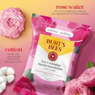 Burt's Bees Micellar Facial Towelettes With Rose Water, Pre-Moistened Towelettes for All Skin Types, 99.5 Percent Natural Origin Skin Care, 30 ct. Package
