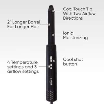 L’Brise Paris Air Wrap Hair Styler, 1.25 Inch, Hair Dryer, Curling Iron, & Hair Straightener in 1 Hair Styling Tool Without Heat Damage, Coanda Titanium Technology, 5 Attachments, Long Thick Barrel