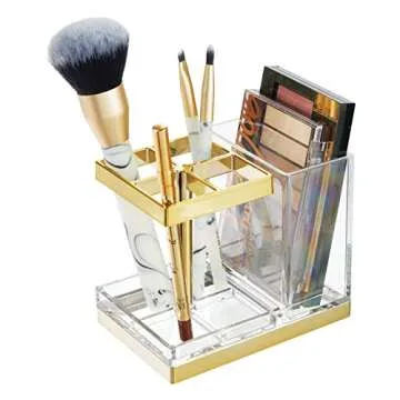 mDesign Plastic Toothbrush and Toothpaste Storage Organizer Holder - Home Decor for Bathroom Countertop - Holds Toiletries and Beauty Accessories - Lumiere Collection - Clear/Soft Brass