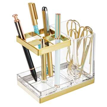 mDesign Plastic Toothbrush and Toothpaste Storage Organizer Holder - Home Decor for Bathroom Countertop - Holds Toiletries and Beauty Accessories - Lumiere Collection - Clear/Soft Brass