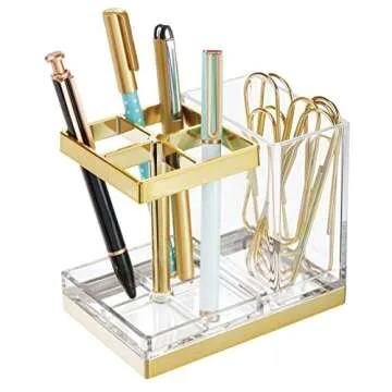 mDesign Plastic Toothbrush and Toothpaste Storage Organizer Holder - Home Decor for Bathroom Countertop - Holds Toiletries and Beauty Accessories - Lumiere Collection - Clear/Soft Brass