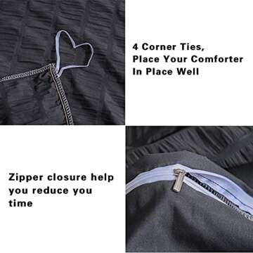 AveLom Seersucker Duvet Cover Set King Size (104 x 90 inches), 3 Pieces (1 Duvet Cover + 2 Pillow Cases), Black Ultra Soft Washed Microfiber, Textured Duvet Cover with Zipper Closure, Corner Ties