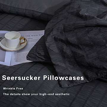 AveLom Seersucker Duvet Cover Set King Size (104 x 90 inches), 3 Pieces (1 Duvet Cover + 2 Pillow Cases), Black Ultra Soft Washed Microfiber, Textured Duvet Cover with Zipper Closure, Corner Ties