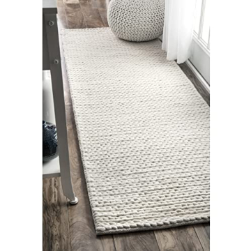 nuLOOM 2x6 Penelope Wool Braided Handmade Area Rug, Off White, Solid Rustic Farmhouse Style, For Bed...
