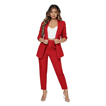 SweatyRocks Women's 2 Piece Solid Ruched Sleeve Blazer and Pants Business Office Suit Set Red S