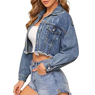 LONGYIDA Women's Cropped Denim Jacket | Stylish Distressed Look