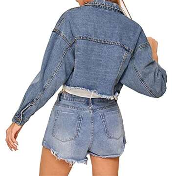 LONGYIDA Women's Cropped Denim Jacket | Stylish Distressed Look