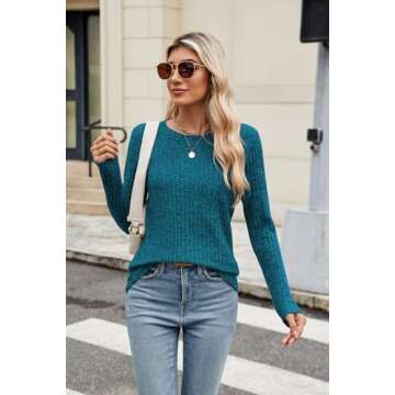 Newchoice Fall Tops for Women 2024 Trendy Thinner Sweater Pull Over Long Sleeve Tunic Shirts (M,Peacock Blue)