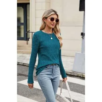 Newchoice Fall Tops for Women 2024 Trendy Thinner Sweater Pull Over Long Sleeve Tunic Shirts (M,Peacock Blue)