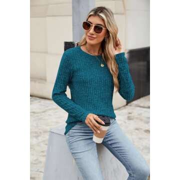 Newchoice Fall Tops for Women 2024 Trendy Thinner Sweater Pull Over Long Sleeve Tunic Shirts (M,Peacock Blue)