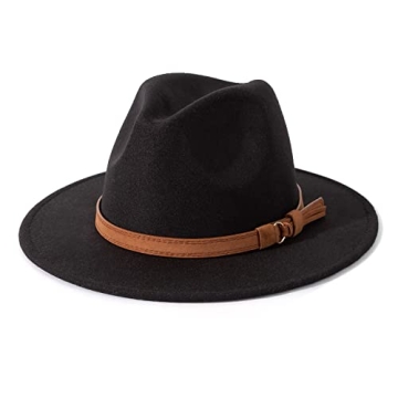 Lisianthus Men & Women Vintage Wide Brim Fedora Hat with Belt Buckle A-Black 59-60cm