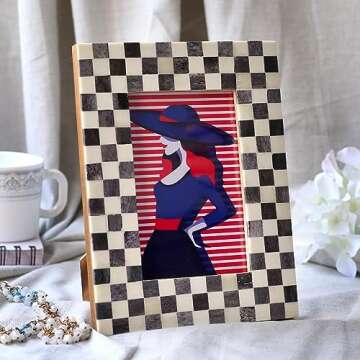 Handicrafts Home Checked Pattern Picture Photo Frame Handmade Naturals Bone Frames For Photo Frames - 4x6 inch Grey & White