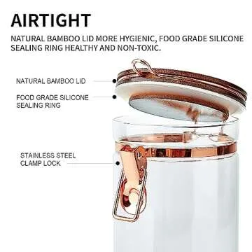 SIQOLNY Glass Coffee Container with Wooden Shelf, 2 x 40 FLOZ Coffee Bean Storage with Sealed Closure Clips and Copper Spoon, Kitchen Large Capacity Food Storage Jar, Ground Coffee Container