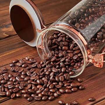 SIQOLNY Glass Coffee Container with Wooden Shelf, 2 x 40 FLOZ Coffee Bean Storage with Sealed Closure Clips and Copper Spoon, Kitchen Large Capacity Food Storage Jar, Ground Coffee Container