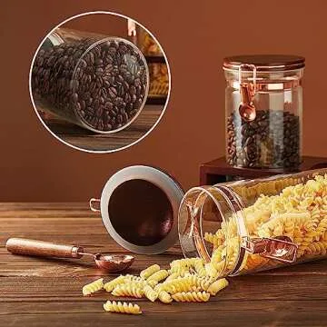 SIQOLNY Glass Coffee Container with Wooden Shelf, 2 x 40 FLOZ Coffee Bean Storage with Sealed Closure Clips and Copper Spoon, Kitchen Large Capacity Food Storage Jar, Ground Coffee Container