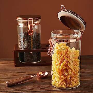 SIQOLNY Glass Coffee Container with Wooden Shelf, 2 x 40 FLOZ Coffee Bean Storage with Sealed Closure Clips and Copper Spoon, Kitchen Large Capacity Food Storage Jar, Ground Coffee Container