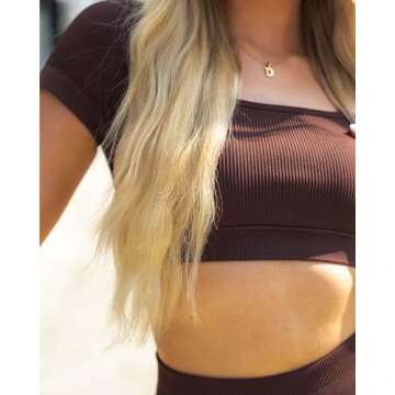 SUUKSESS Open Back Short Sleeve Scrunch Butt Booty Shorts Seamless Ribbed Workout Sets 2 Piece Outfits (#1 Dark Brown, M)