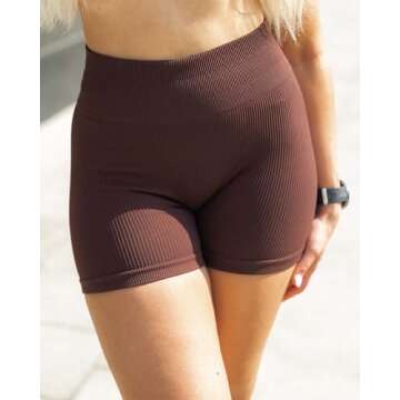 SUUKSESS Open Back Short Sleeve Scrunch Butt Booty Shorts Seamless Ribbed Workout Sets 2 Piece Outfits (#1 Dark Brown, M)