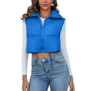 Flygo Women's Cropped Puffer Vest Zip Up Stand Collar Sleeveless Padded Bubble Vest(Blue-XL)