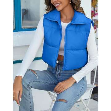 Flygo Women's Cropped Puffer Vest Zip Up Stand Collar Sleeveless Padded Bubble Vest(Blue-XL)