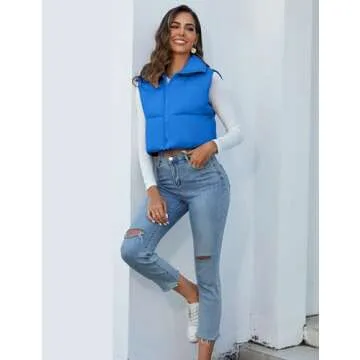 Flygo Women's Cropped Puffer Vest Zip Up Stand Collar Sleeveless Padded Bubble Vest(Blue-XL)
