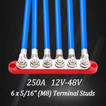 maierke 250A Bus Bar 12V Marine 6 x 5/16" (M8) Terminal Studs 12V-48V Power Distribution Block with Cover,with 6PCS Battery Lugs and 6PCS Heat Shrink Tubing Busbar for Boat Automotive Car