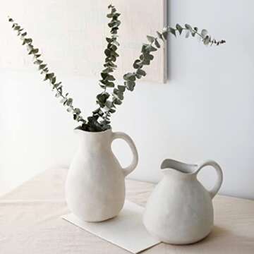 XIUWOUG White Pitcher Vase Set for Home Decor,Vintage Farmhouse Vases for Decor,Ceramic Jug Vase with Handle for Table Centerpieces,Rustic Vase for Shelf Decor,Living Room Decor,Set of 2