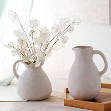 XIUWOUG White Pitcher Vase Set for Home Decor,Vintage Farmhouse Vases for Decor,Ceramic Jug Vase with Handle for Table Centerpieces,Rustic Vase for Shelf Decor,Living Room Decor,Set of 2