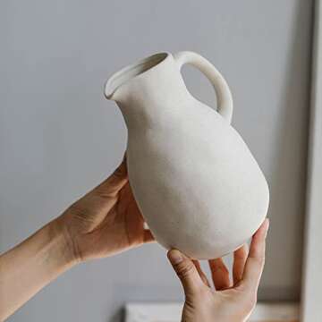 XIUWOUG White Pitcher Vase Set for Home Decor,Vintage Farmhouse Vases for Decor,Ceramic Jug Vase with Handle for Table Centerpieces,Rustic Vase for Shelf Decor,Living Room Decor,Set of 2