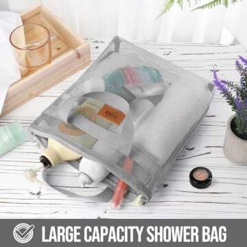 KPX Shower Caddy Mesh Tote Bag, Mesh Shower Bag, Quick Dry Toiletry Bath Bag, Hanging Bath Organizer for College Dorm, Beach, Gym, Swimming Pool, Yoga and Travel (1pcs, Grey)