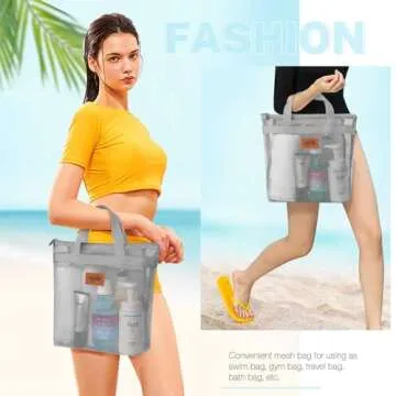 KPX Shower Caddy Mesh Tote Bag, Mesh Shower Bag, Quick Dry Toiletry Bath Bag, Hanging Bath Organizer for College Dorm, Beach, Gym, Swimming Pool, Yoga and Travel (1pcs, Grey)