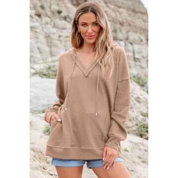 AlvaQ Women Hoodies Oversized Sweatshirts Casual Long Sleeve V Neck Drawstring Waffle Knit Tops Fashion Outfits