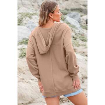 AlvaQ Women Hoodies Oversized Sweatshirts Casual Long Sleeve V Neck Drawstring Waffle Knit Tops Fashion Outfits