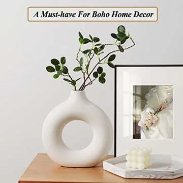 White Ceramic Vase for Home Decor Modern Home Decor,7.6" Donut Vase Round Matte Vase for Flowers,Modern Vases,Decorative Vase for Living Room Office Kitchen Table Decor (Medium)