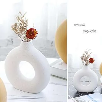 White Ceramic Vase for Home Decor Modern Home Decor,7.6" Donut Vase Round Matte Vase for Flowers,Modern Vases,Decorative Vase for Living Room Office Kitchen Table Decor (Medium)