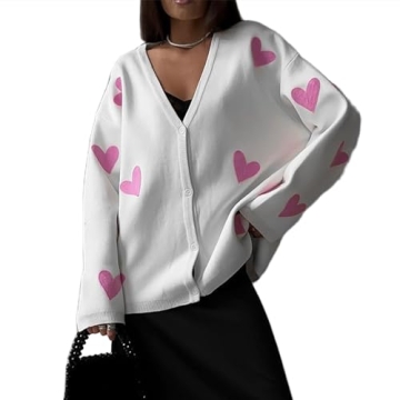 Womens Long Cardigan Love Heart Open Front Sweater Long Sleeve Chunky Knit Cardigan (Pink White, M)