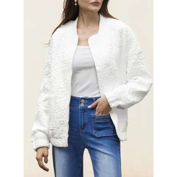 EVALESS Jackets for Women Fashion 2024 Fall Outfits Business Casual Womens Clothes Cute Jacquard Coat Classic Bomber Jacket Lightweight Long Sleeve Stand Collar Zip Up White Jacket with Pockets, Small