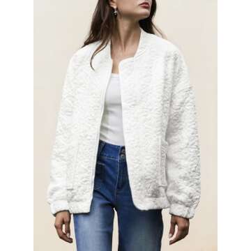 EVALESS Jackets for Women Fashion 2024 Fall Outfits Business Casual Womens Clothes Cute Jacquard Coat Classic Bomber Jacket Lightweight Long Sleeve Stand Collar Zip Up White Jacket with Pockets, Small