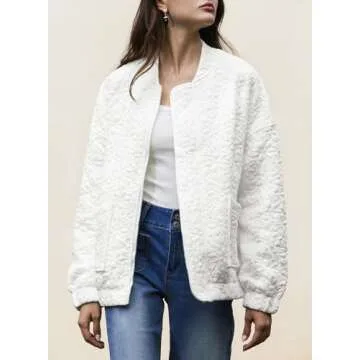 EVALESS Jackets for Women Fashion 2024 Fall Outfits Business Casual Womens Clothes Cute Jacquard Coat Classic Bomber Jacket Lightweight Long Sleeve Stand Collar Zip Up White Jacket with Pockets, Small