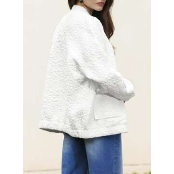 EVALESS Jackets for Women Fashion 2024 Fall Outfits Business Casual Womens Clothes Cute Jacquard Coat Classic Bomber Jacket Lightweight Long Sleeve Stand Collar Zip Up White Jacket with Pockets, Small