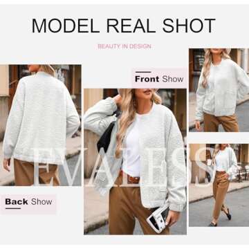 EVALESS Jackets for Women Fashion 2024 Fall Outfits Business Casual Womens Clothes Cute Jacquard Coat Classic Bomber Jacket Lightweight Long Sleeve Stand Collar Zip Up White Jacket with Pockets, Small