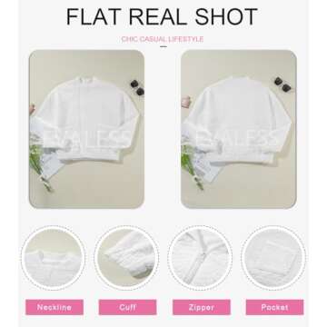 EVALESS Jackets for Women Fashion 2024 Fall Outfits Business Casual Womens Clothes Cute Jacquard Coat Classic Bomber Jacket Lightweight Long Sleeve Stand Collar Zip Up White Jacket with Pockets, Small