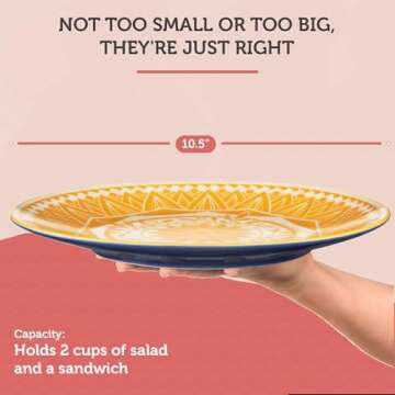 Annovero Dinner Plates - Mismatched Colorful Dinnerware Set of 6 - Fun Decorative Cute Boho Kitchen Dishes - Zero Lead & Cadmium - 10.5 Inch Diameter