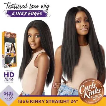 Sensationnel Curls kinksandco kinkyedges wig - kinky straight 24 inch 13x6 lace frontal natural kinkytexture edged hairline for natural 3c to 4c hair textures (1B OFFBLACK)