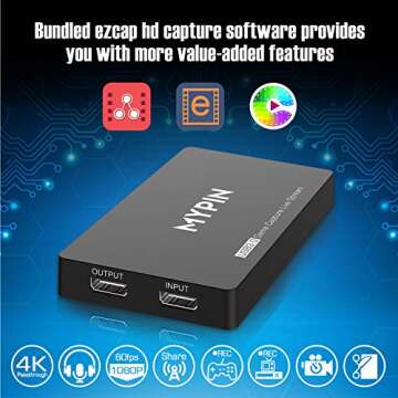 MYPIN USB3.0 HDR 4K Capture Card for Live Streaming, Capture 1080P@60fps Support Microphone and Game...
