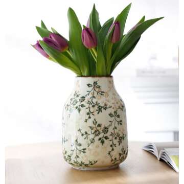 Green Ceramic Decorative Floral Vase for Flower Beige Ice Glazed Crack Farmhouse Rustic Vase for Hom...