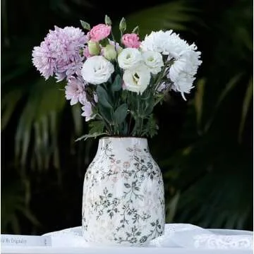 Green Ceramic Decorative Floral Vase for Flower Beige Ice Glazed Crack Farmhouse Rustic Vase for Home Decor, Living Room, Shelf, Office, Table Centerpiece 7.7 Inches with Floral Vine Pattern